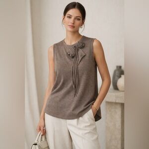 Brunello Cucinelli Cashmere Sleeveless Knit Top Large Taupe Floral Tie Italy